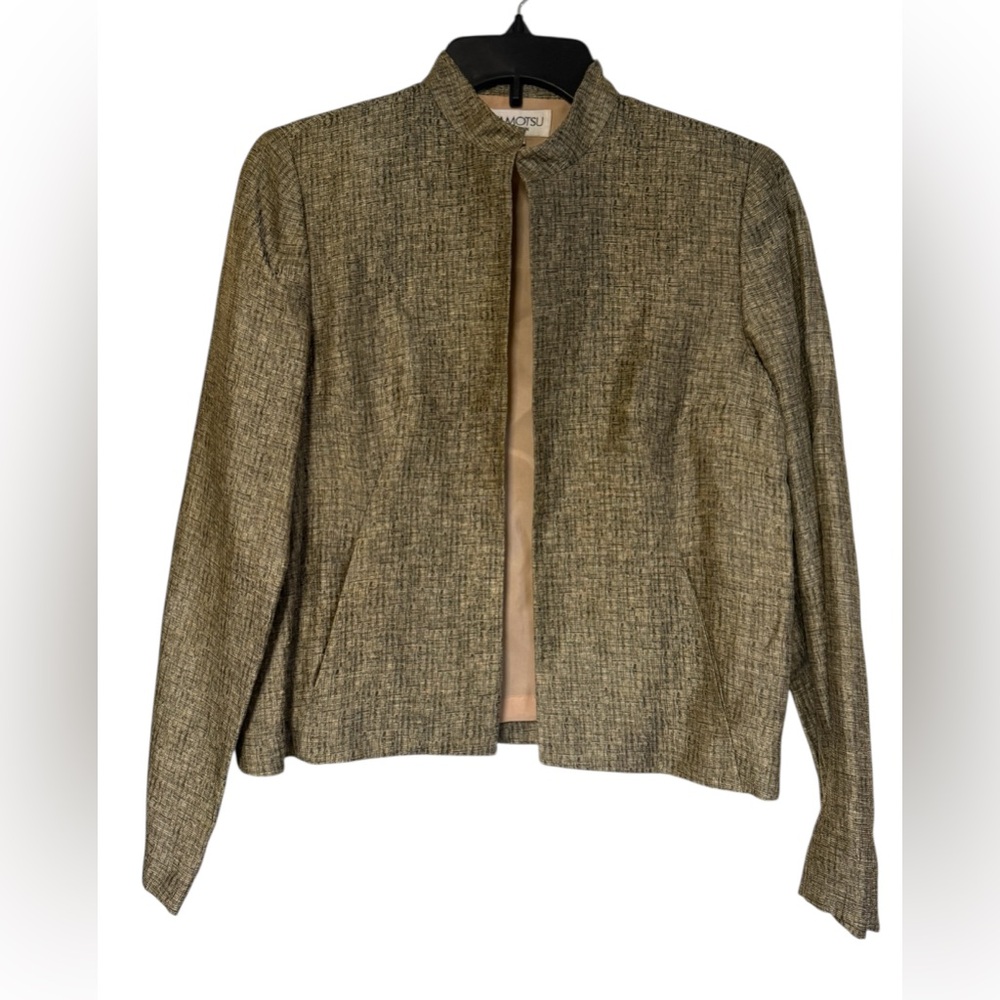 Tamotsu Linen Blend Open Front Ling Sleeve Olive/Tan Blazer sz4 Y2K Academia
